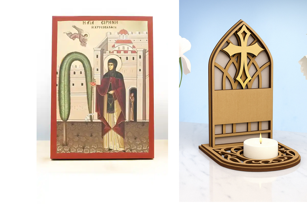 Εικόνα Ορθοδοξίας Καντηλάκι σε  8 χρώματα με περίγραμμα χρυσό σε ξύλο Plywood (Πλακάζ)   με  βάση Αγία Ειρήνη Χρυσοβαλάντου, Ξύλινη Χειροποίητη Εικόνα με Ψηφιακή Εκτύπωση Ελληνικό Premium Βυζαντινού Στυλ Κρεμαστό τοίχου Θρησκευτικό Θέμα Χειροποίητη Ελληνο