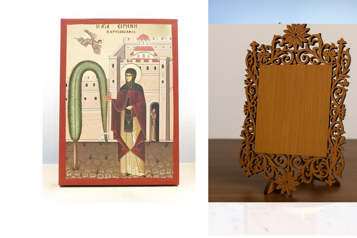 Εικόνα Ορθοδοξίας Δαντέλα μαζι με  Βάση σε  8 χρώματα με περίγραμμα χρυσό σε ξύλο Plywood (Πλακάζ)   με  βάση Αγία Ειρήνη Χρυσοβαλάντου, Ξύλινη Χειροποίητη Εικόνα με Ψηφιακή Εκτύπωση Ελληνικό Premium Βυζαντινού Στυλ Κρεμαστό τοίχου Θρησκευτικό Θέμα Χειροπ