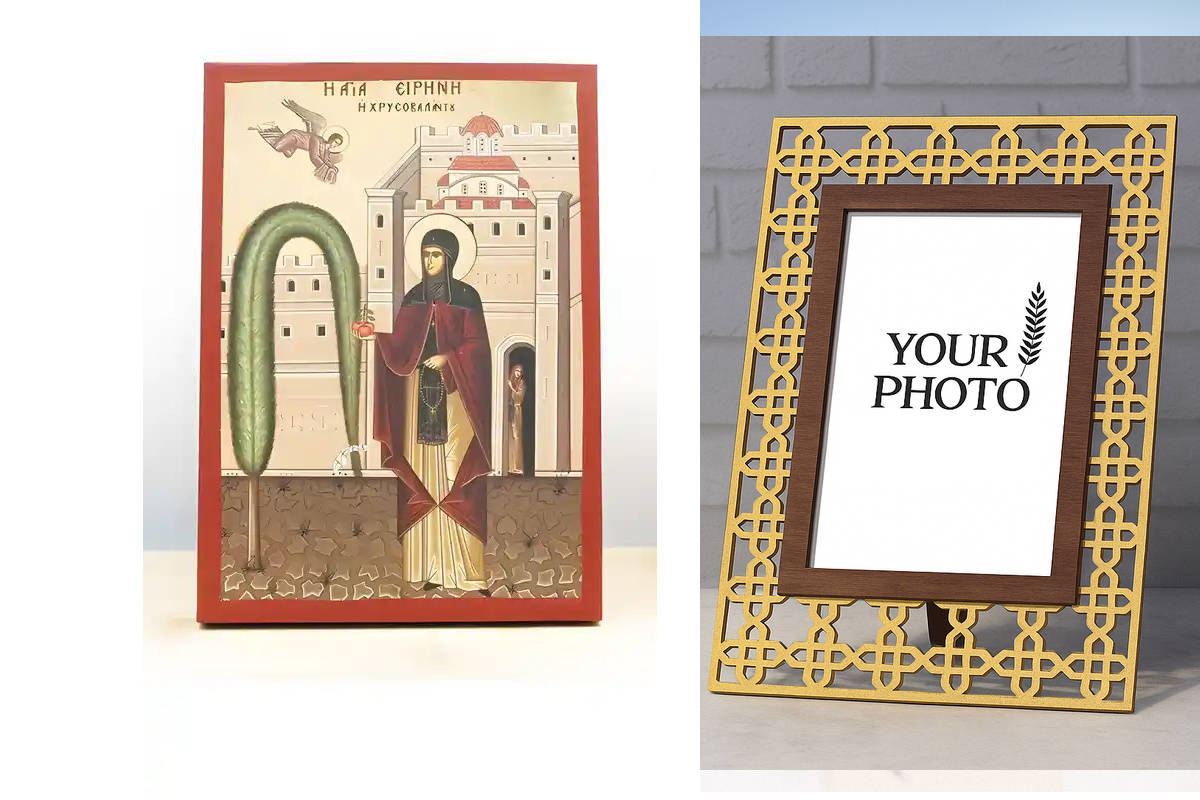 Εικόνα Ορθοδοξίας Πολυτελείας  με  σχεδιο Σταυρούς μαζι με  Βάση σε  8 χρώματα με περίγραμμα χρυσό σε ξύλο Plywood (Πλακάζ)   με  βάση Αγία Ειρήνη Χρυσοβαλάντου, Ξύλινη Χειροποίητη Εικόνα με Ψηφιακή Εκτύπωση Ελληνικό Premium Βυζαντινού Στυλ Κρεμαστό τοίχο