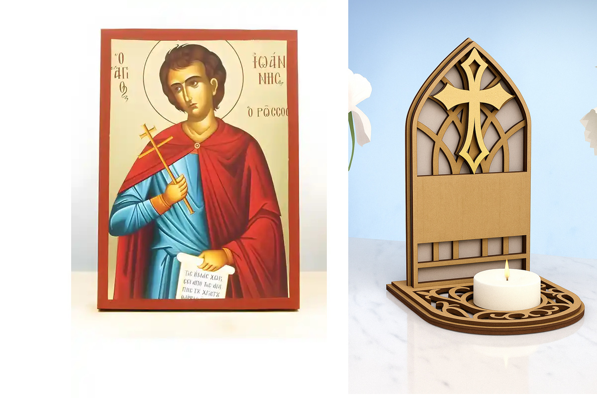 Εικόνα Ορθοδοξίας Καντηλάκι σε  8 χρώματα με περίγραμμα χρυσό σε ξύλο Plywood (Πλακάζ)   με  βάση Άγιος Ιωάννης ο Ρώσος, Ξύλινη Χειροποίητη Εικόνα με Ψηφιακή Εκτύπωση Ελληνικό Premium Βυζαντινού Στυλ Κρεμαστό Ορθόδοξο Θρησκευτικό Θέμα Χειροποίητη Ελληνορθ