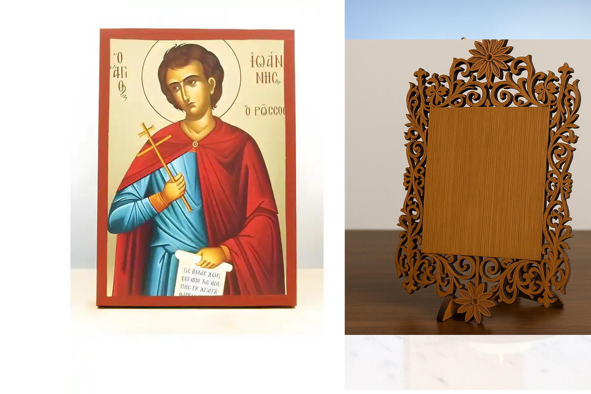 Εικόνα Ορθοδοξίας Δαντέλα μαζι με  Βάση σε  8 χρώματα με περίγραμμα χρυσό σε ξύλο Plywood (Πλακάζ)   με  βάση Άγιος Ιωάννης ο Ρώσος, Ξύλινη Χειροποίητη Εικόνα με Ψηφιακή Εκτύπωση Ελληνικό Premium Βυζαντινού Στυλ Κρεμαστό Ορθόδοξο Θρησκευτικό Θέμα Χειροποί