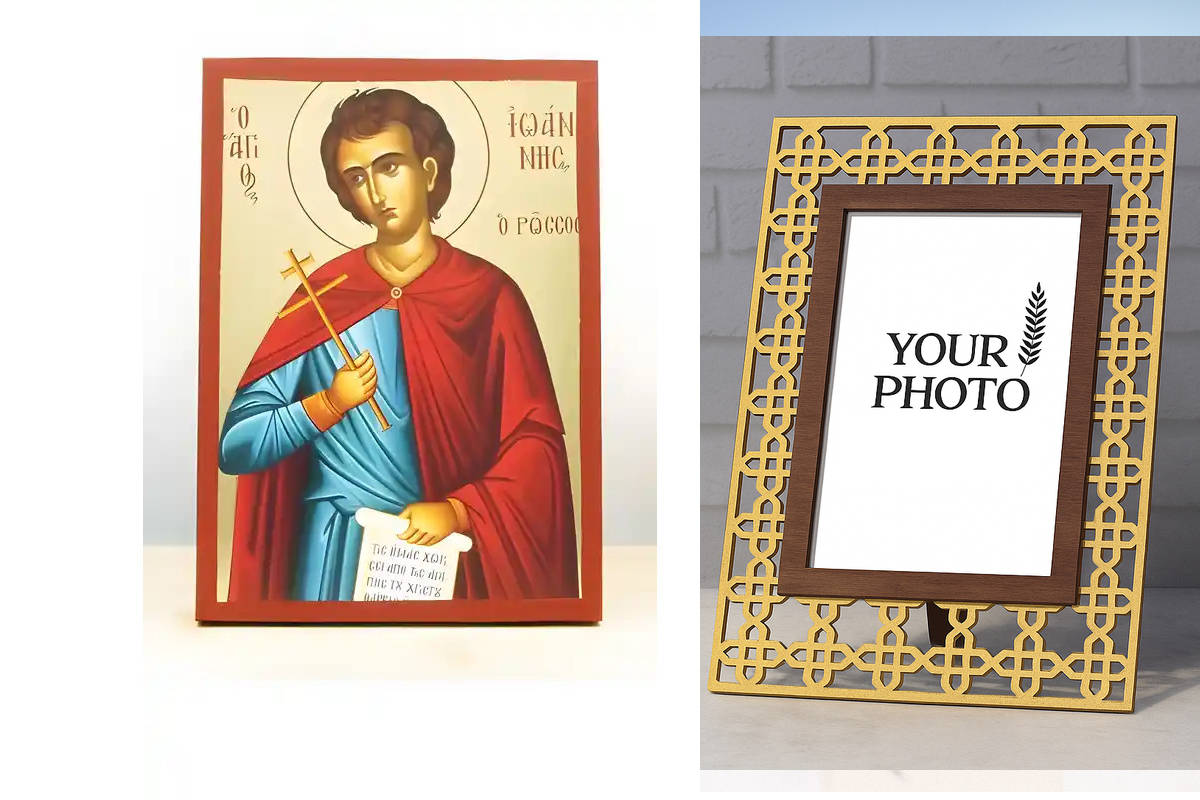 Εικόνα Ορθοδοξίας Πολυτελείας  με  σχεδιο Σταυρούς μαζι με  Βάση σε  8 χρώματα με περίγραμμα χρυσό σε ξύλο Plywood (Πλακάζ)   με  βάση Άγιος Ιωάννης ο Ρώσος, Ξύλινη Χειροποίητη Εικόνα με Ψηφιακή Εκτύπωση Ελληνικό Premium Βυζαντινού Στυλ Κρεμαστό Ορθόδοξο