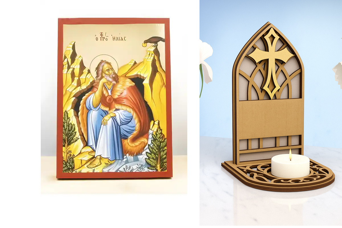 Εικόνα Ορθοδοξίας Καντηλάκι σε  8 χρώματα με περίγραμμα χρυσό σε ξύλο Plywood (Πλακάζ)   με  βάση Άγιος Προφήτης Ηλίας ή Ηλίας, Ξύλινη Χειροποίητη Εικόνα με Ψηφιακή Εκτύπωση Ελληνικό Premium Βυζαντινού Στυλ Κρεμαστό τοίχου Θρησκευτικό Θέμα Χειροποίητη Ελλ