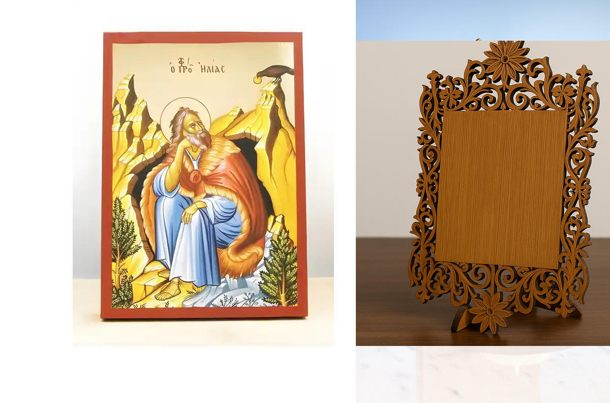 Σετ 2 τεμαχίων – Εικόνα Ορθοδοξίας Δαντέλα μαζι με  Βάση σε  8 χρώματα με περίγραμμα χρυσό σε ξύλο Plywood (Πλακάζ)   με  βάση Άγιος Προφήτης Ηλίας ή Ηλίας, Ξύλινη Χειροποίητη Εικόνα με Ψηφιακή Εκτύπωση Ελληνικό Premium Βυζαντινού Στυλ Κρεμαστό τοίχου Θρη