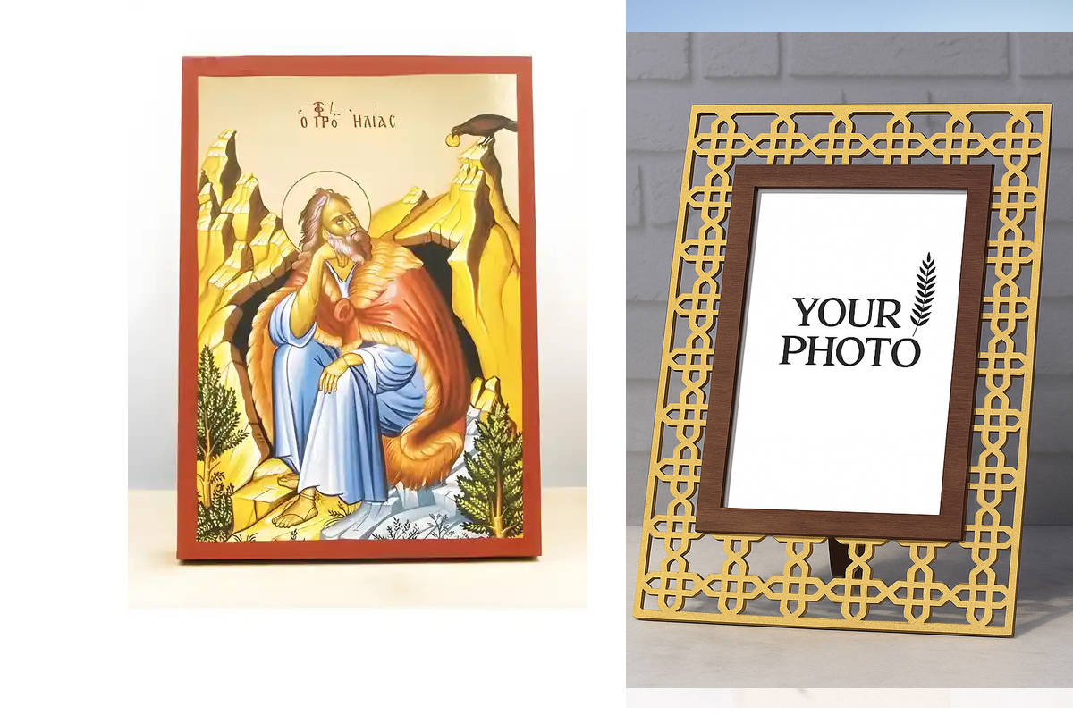 Εικόνα Ορθοδοξίας Πολυτελείας  με  σχεδιο Σταυρούς μαζι με  Βάση σε  8 χρώματα με περίγραμμα χρυσό σε ξύλο Plywood (Πλακάζ)   με  βάση Άγιος Προφήτης Ηλίας ή Ηλίας, Ξύλινη Χειροποίητη Εικόνα με Ψηφιακή Εκτύπωση Ελληνικό Premium Βυζαντινού Στυλ Κρεμαστό το