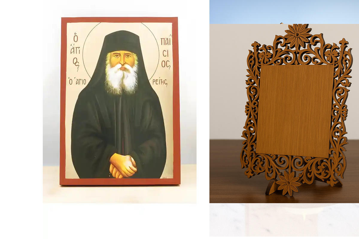 Σετ 2 τεμαχίων – Εικόνα Ορθοδοξίας Δαντέλα μαζι με  Βάση σε  8 χρώματα με περίγραμμα χρυσό σε ξύλο Plywood (Πλακάζ)   με  βάση Άγιος Παΐσιος ο Αγιορείτης, Ξύλινη Χειροποίητη Εικόνα με χρυσό φύλλο Ελληνικού Premium Βυζαντινού Στυλ Κρεμαστό τοίχου Θρησκευτι