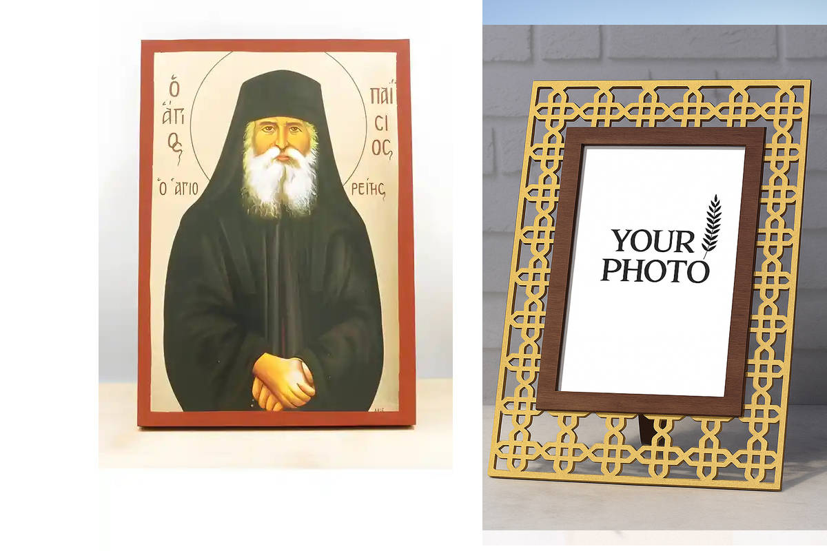 Εικόνα Ορθοδοξίας Πολυτελείας  με  σχεδιο Σταυρούς μαζι με  Βάση σε  8 χρώματα με περίγραμμα χρυσό σε ξύλο Plywood (Πλακάζ)   με  βάση Άγιος Παΐσιος ο Αγιορείτης, Ξύλινη Χειροποίητη Εικόνα με χρυσό φύλλο Ελληνικού Premium Βυζαντινού Στυλ Κρεμαστό τοίχου Θ