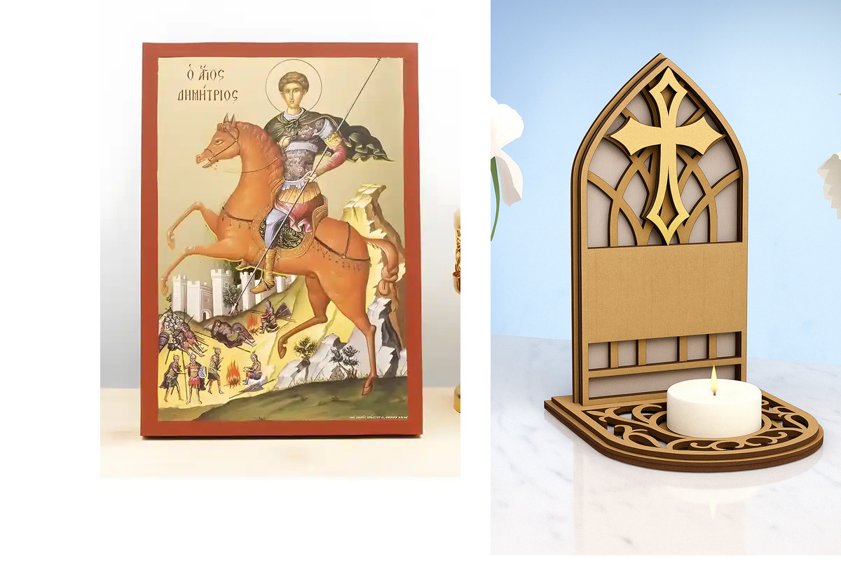 Εικόνα Ορθοδοξίας Καντηλάκι σε  8 χρώματα με περίγραμμα χρυσό σε ξύλο Plywood (Πλακάζ)   με  βάση Άγιος Δημήτριος Θεσσαλονίκης, Ξύλινη Χειροποίητη Εικόνα με Ψηφιακή Εκτύπωση Ελληνικό Premium Βυζαντινού Στυλ Κρεμαστό τοίχου Θρησκευτικό Θέμα Χειροποίητη Ελλ