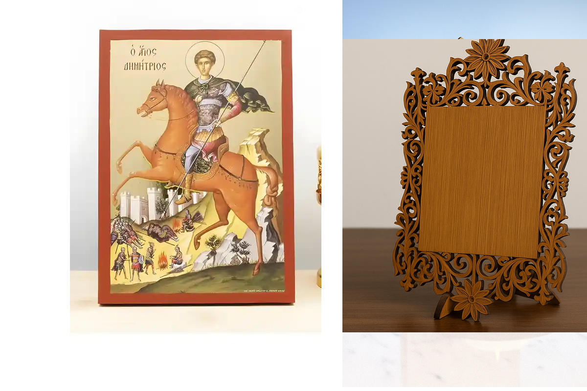 Σετ 2 τεμαχίων – Εικόνα Ορθοδοξίας Δαντέλα μαζι με  Βάση σε  8 χρώματα με περίγραμμα χρυσό σε ξύλο Plywood (Πλακάζ)   με  βάση Άγιος Δημήτριος Θεσσαλονίκης, Ξύλινη Χειροποίητη Εικόνα με Ψηφιακή Εκτύπωση Ελληνικό Premium Βυζαντινού Στυλ Κρεμαστό τοίχου Θρη