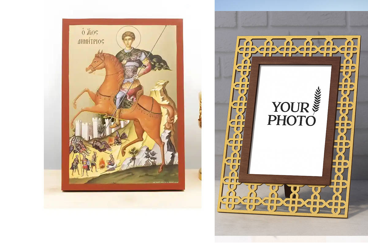 Εικόνα Ορθοδοξίας Πολυτελείας  με  σχεδιο Σταυρούς μαζι με  Βάση σε  8 χρώματα με περίγραμμα χρυσό σε ξύλο Plywood (Πλακάζ)   με  βάση Άγιος Δημήτριος Θεσσαλονίκης, Ξύλινη Χειροποίητη Εικόνα με Ψηφιακή Εκτύπωση Ελληνικό Premium Βυζαντινού Στυλ Κρεμαστό το