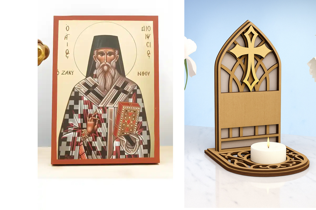 Εικόνα Ορθοδοξίας Καντηλάκι σε  8 χρώματα με περίγραμμα χρυσό σε ξύλο Plywood (Πλακάζ)   με  βάση Άγιος Διονύσιος Ζακύνθου, Ξύλινη Χειροποίητη Εικόνα με Ψηφιακή Εκτύπωση Ελληνικό Premium Βυζαντινού Στυλ Κρεμαστό τοίχου Θρησκευτικό Θέμα Χειροποίητη Ελληνορ
