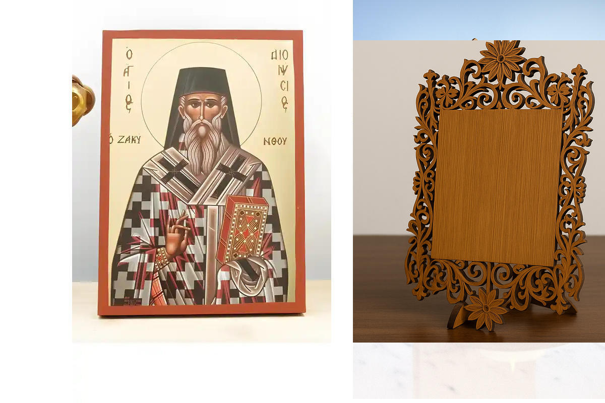 Σετ 2 τεμαχίων – Εικόνα Ορθοδοξίας Δαντέλα μαζι με  Βάση σε  8 χρώματα με περίγραμμα χρυσό σε ξύλο Plywood (Πλακάζ)   με  βάση Άγιος Διονύσιος Ζακύνθου, Ξύλινη Χειροποίητη Εικόνα με Ψηφιακή Εκτύπωση Ελληνικό Premium Βυζαντινού Στυλ Κρεμαστό τοίχου Θρησκευ