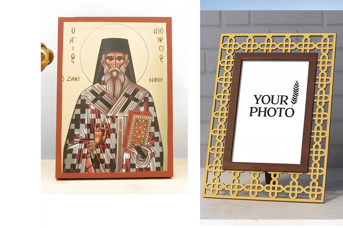 Εικόνα Ορθοδοξίας Πολυτελείας  με  σχεδιο Σταυρούς μαζι με  Βάση σε  8 χρώματα με περίγραμμα χρυσό σε ξύλο Plywood (Πλακάζ)   με  βάση Άγιος Διονύσιος Ζακύνθου, Ξύλινη Χειροποίητη Εικόνα με Ψηφιακή Εκτύπωση Ελληνικό Premium Βυζαντινού Στυλ Κρεμαστό τοίχου