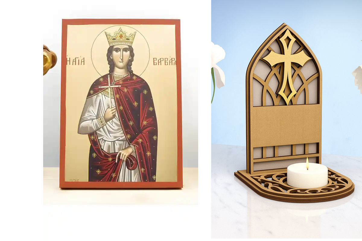 Εικόνα Ορθοδοξίας Καντηλάκι σε  8 χρώματα με περίγραμμα χρυσό σε ξύλο Plywood (Πλακάζ)   με  βάση Αγία Βαρβάρα "Βαρβάρα" η Μεγαλομάρτυς, Ξύλινη Χειροποίητη Εικόνα με Αλουμινόχαρτο Ελληνικό Premium Βυζαντινού Στυλ Κρεμαστό τοίχου Θρησκευτικό Θέμα Χειροποίη