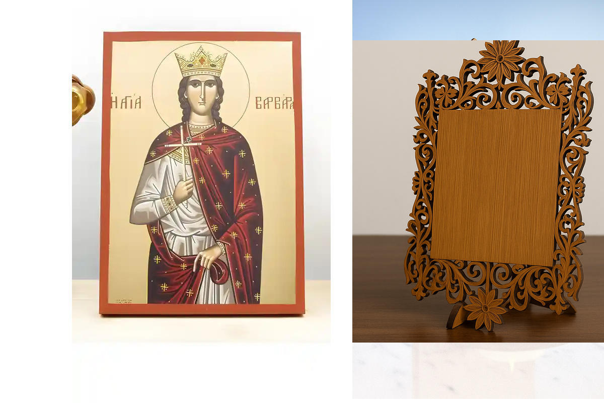 Σετ 2 τεμαχίων – Εικόνα Ορθοδοξίας Δαντέλα μαζι με  Βάση σε  8 χρώματα με περίγραμμα χρυσό σε ξύλο Plywood (Πλακάζ)   με  βάση Αγία Βαρβάρα "Βαρβάρα" η Μεγαλομάρτυς, Ξύλινη Χειροποίητη Εικόνα με Αλουμινόχαρτο Ελληνικό Premium Βυζαντινού Στυλ Κρεμαστό τοίχ