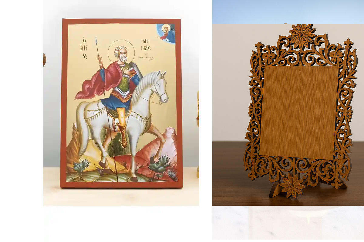 Σετ 2 τεμαχίων – Εικόνα Ορθοδοξίας Δαντέλα μαζι με  Βάση σε  8 χρώματα με περίγραμμα χρυσό σε ξύλο Plywood (Πλακάζ)   με  βάση Άγιος Μηνάς της Αιγύπτου έφιππος, Ξύλινη χειροποίητη εικόνα με χρυσό φύλλο θρησκευτικό θέμα Ελληνικό Premium Βυζαντινού Στυλ σε