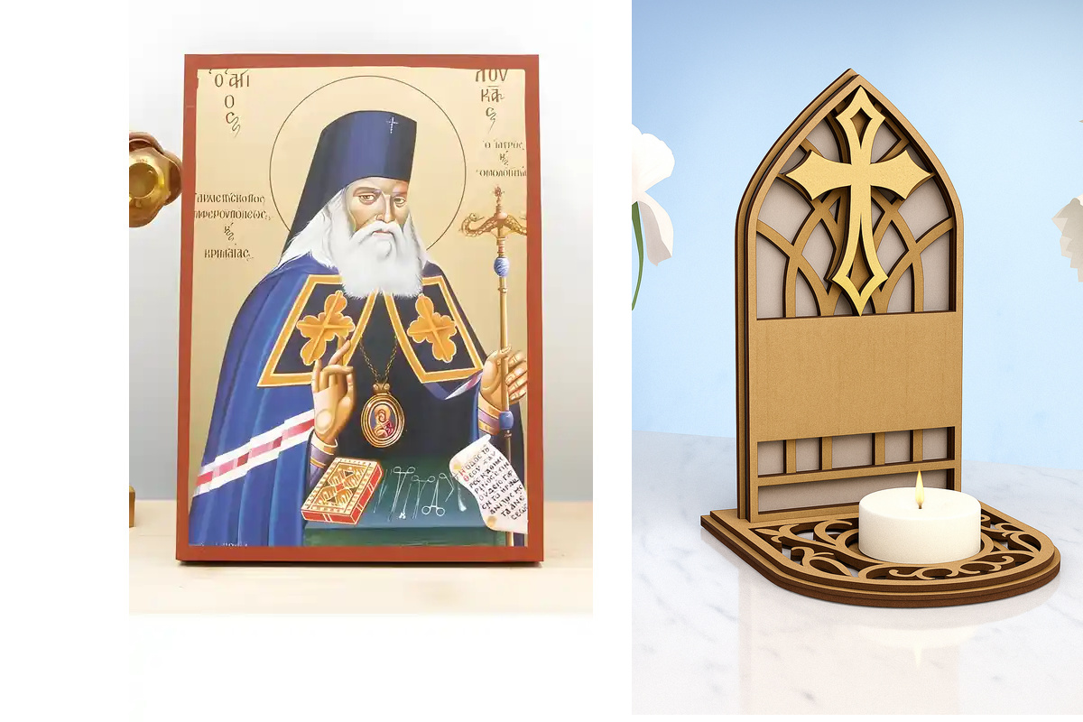 Εικόνα Ορθοδοξίας Καντηλάκι σε  8 χρώματα με περίγραμμα χρυσό σε ξύλο Plywood (Πλακάζ)   με  βάση Άγιος Λουκάς ο Ιατρός, Ξύλινη Χειροποίητη Εικόνα με χρυσό φύλλο Ελληνικό Premium Βυζαντινού Στυλ Κρεμαστό τοίχου Θρησκευτικό Θέμα Χειροποίητη Ελληνορθόδοξη ε