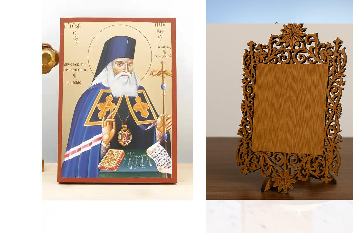 Σετ 2 τεμαχίων – Εικόνα Ορθοδοξίας Δαντέλα μαζι με  Βάση σε  8 χρώματα με περίγραμμα χρυσό σε ξύλο Plywood (Πλακάζ)   με  βάση Άγιος Λουκάς ο Ιατρός, Ξύλινη Χειροποίητη Εικόνα με χρυσό φύλλο Ελληνικό Premium Βυζαντινού Στυλ Κρεμαστό τοίχου Θρησκευτικό Θέμ