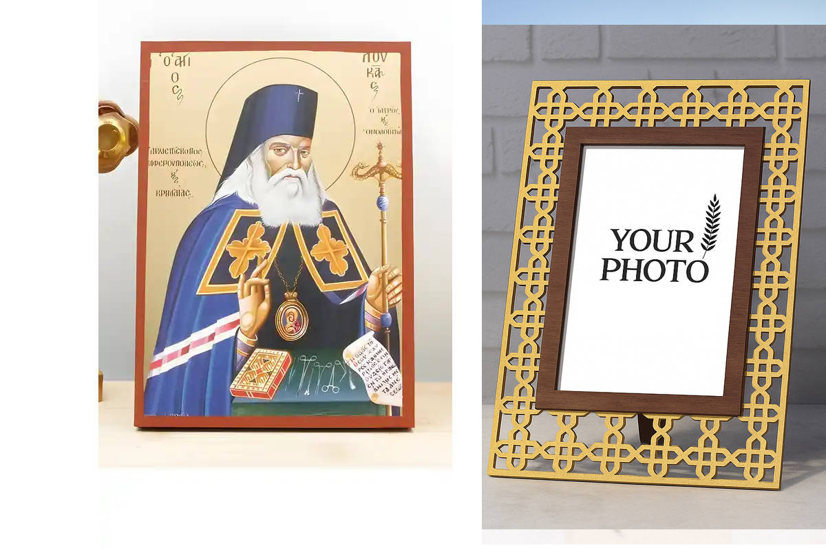 Εικόνα Ορθοδοξίας Πολυτελείας  με  σχεδιο Σταυρούς μαζι με  Βάση σε  8 χρώματα με περίγραμμα χρυσό σε ξύλο Plywood (Πλακάζ)   με  βάση Άγιος Λουκάς ο Ιατρός, Ξύλινη Χειροποίητη Εικόνα με χρυσό φύλλο Ελληνικό Premium Βυζαντινού Στυλ Κρεμαστό τοίχου Θρησκευ