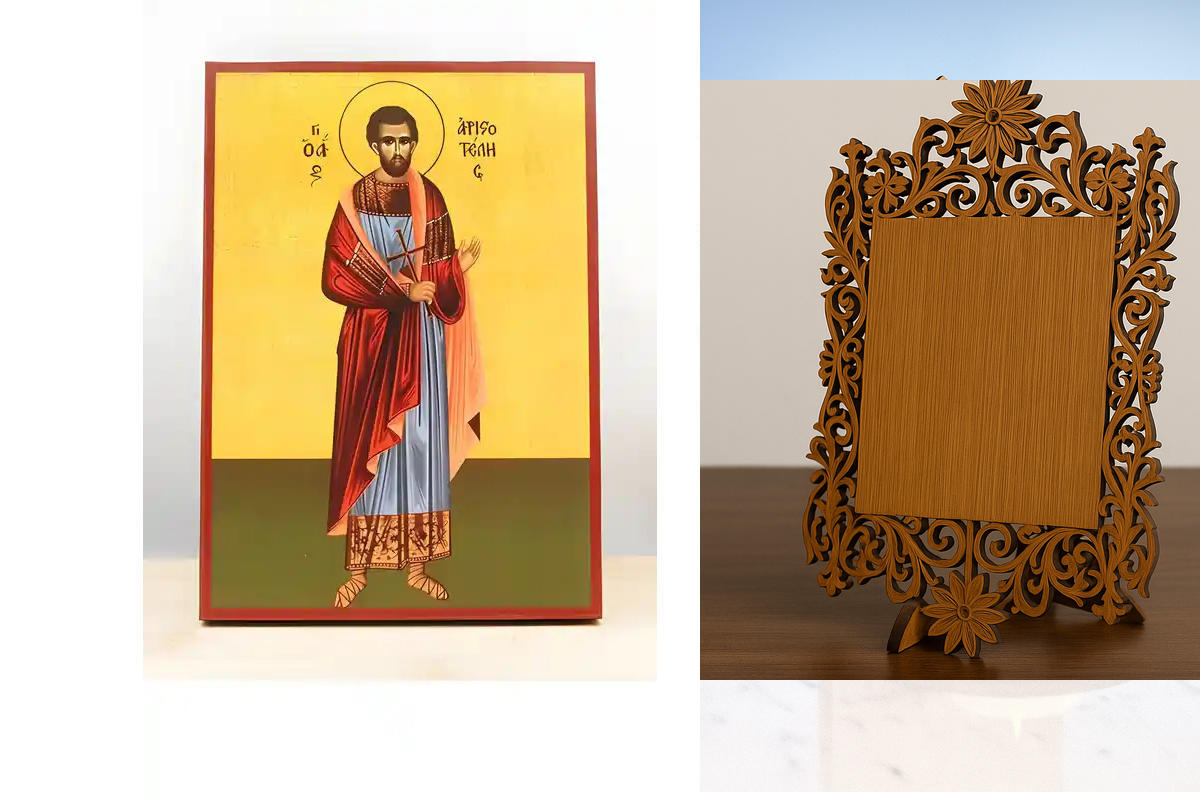 Εικόνα Ορθοδοξίας Δαντέλα μαζι με  Βάση σε  8 χρώματα με περίγραμμα χρυσό σε ξύλο Plywood (Πλακάζ)   με  βάση Άγιος Αριστοτέλης ο Μάρτυρας, Ξύλινη Χειροποίητη Εικόνα Ελληνικού Βυζαντινού Στυλ Κρεμαστή σε ξύλινη πλάκα Χειροποίητη Ελληνορθόδοξη εικόνα του Ι