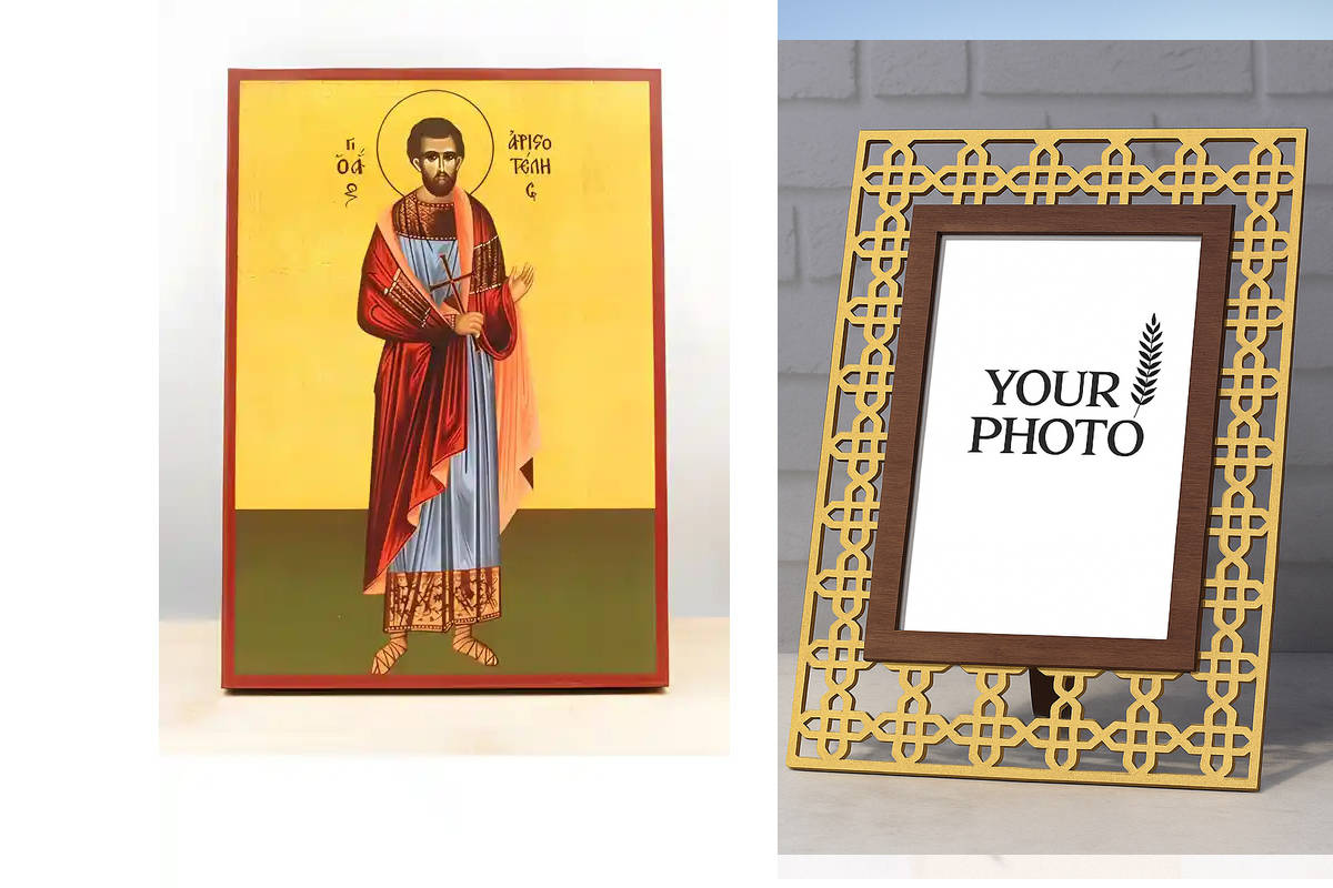 Εικόνα Ορθοδοξίας Πολυτελείας  με  σχεδιο Σταυρούς μαζι με  Βάση σε  8 χρώματα με περίγραμμα χρυσό σε ξύλο Plywood (Πλακάζ)   με  βάση Άγιος Αριστοτέλης ο Μάρτυρας, Ξύλινη Χειροποίητη Εικόνα Ελληνικού Βυζαντινού Στυλ Κρεμαστή σε ξύλινη πλάκα Χειροποίητη Ε