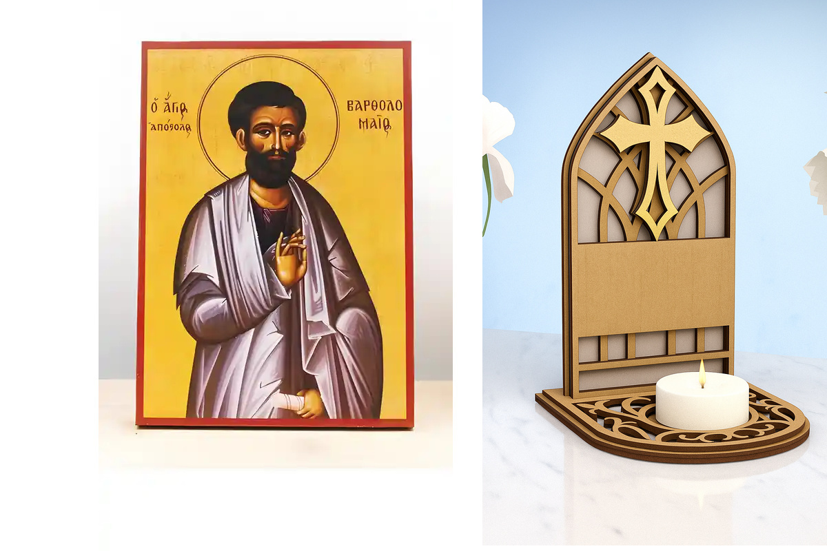 Εικόνα Ορθοδοξίας Καντηλάκι σε  8 χρώματα με περίγραμμα χρυσό σε ξύλο Plywood (Πλακάζ)   με  βάση Άγιος Απόστολος Βαρθολομαίος, Ξύλινη Χειροποίητη Εικόνα Ελληνικού Premium Βυζαντινού Στυλ Κρεμαστή σε ξύλινη πλάκα Θρησκευτικό θέμα Χειροποίητη Ελληνορθόδοξη