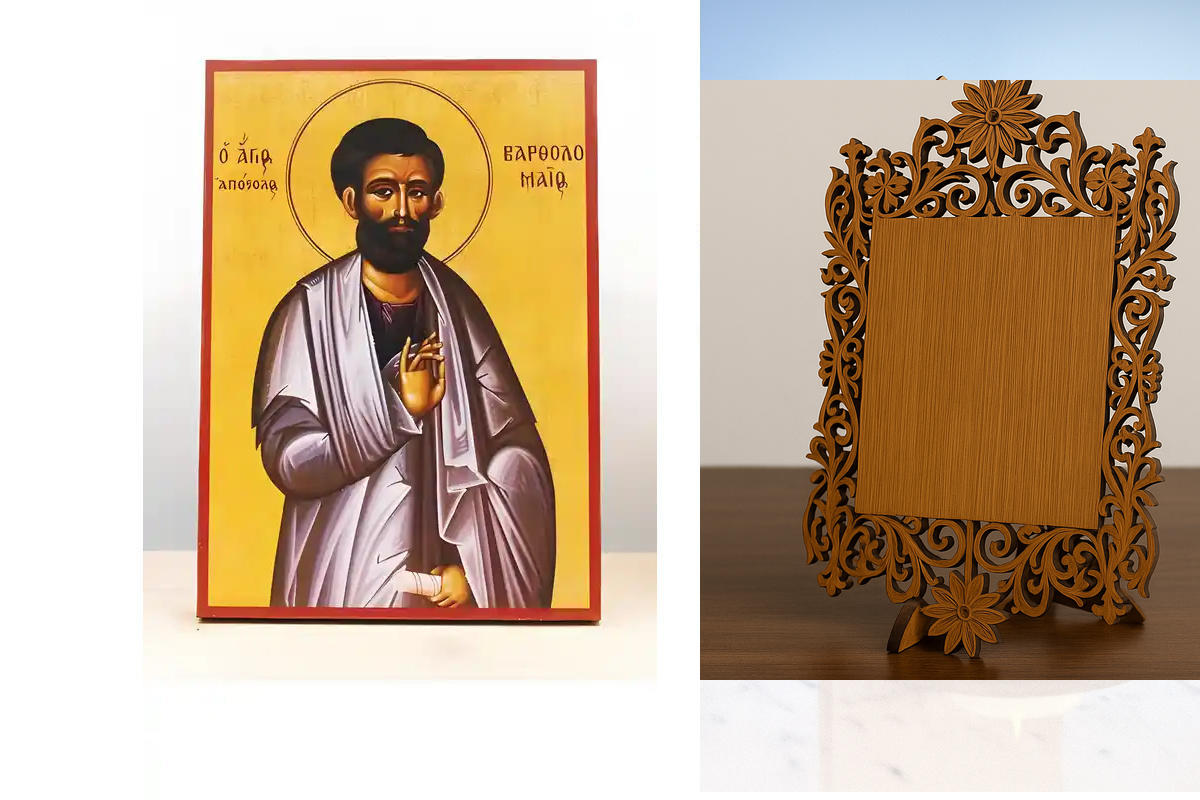 Σετ 2 τεμαχίων – Εικόνα Ορθοδοξίας Δαντέλα μαζι με  Βάση σε  8 χρώματα με περίγραμμα χρυσό σε ξύλο Plywood (Πλακάζ)   με  βάση Άγιος Απόστολος Βαρθολομαίος, Ξύλινη Χειροποίητη Εικόνα Ελληνικού Premium Βυζαντινού Στυλ Κρεμαστή σε ξύλινη πλάκα Θρησκευτικό θ