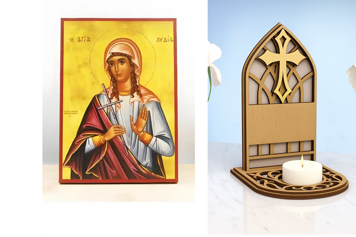 Εικόνα Ορθοδοξίας Καντηλάκι σε  8 χρώματα με περίγραμμα χρυσό σε ξύλο Plywood (Πλακάζ)   με  βάση Αγία Λυδία Θυατείρων, Ξύλινη Χειροποίητη Εικόνα Ελληνικού Βυζαντινού Στυλ Κρεμαστή σε ξύλινη πλάκα Χειροποίητη Ελληνορθόδοξη εικόνα του Ιησού Χριστού, Κρεμασ