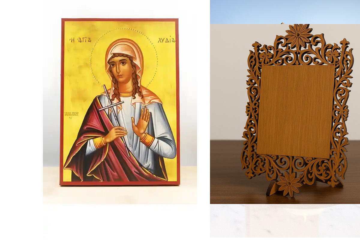 Εικόνα Ορθοδοξίας Δαντέλα μαζι με  Βάση σε  8 χρώματα με περίγραμμα χρυσό σε ξύλο Plywood (Πλακάζ)   με  βάση Αγία Λυδία Θυατείρων, Ξύλινη Χειροποίητη Εικόνα Ελληνικού Βυζαντινού Στυλ Κρεμαστή σε ξύλινη πλάκα Χειροποίητη Ελληνορθόδοξη εικόνα του Ιησού Χρι
