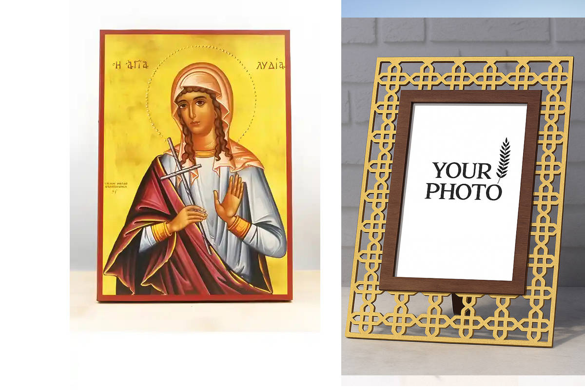 Εικόνα Ορθοδοξίας Πολυτελείας  με  σχεδιο Σταυρούς μαζι με  Βάση σε  8 χρώματα με περίγραμμα χρυσό σε ξύλο Plywood (Πλακάζ)   με  βάση Αγία Λυδία Θυατείρων, Ξύλινη Χειροποίητη Εικόνα Ελληνικού Βυζαντινού Στυλ Κρεμαστή σε ξύλινη πλάκα Χειροποίητη Ελληνορθό