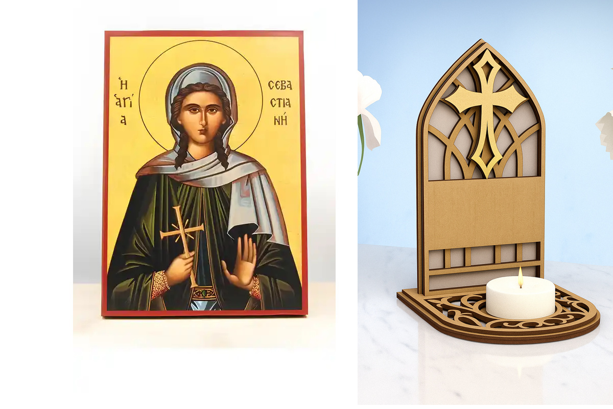 Εικόνα Ορθοδοξίας Καντηλάκι σε  8 χρώματα με περίγραμμα χρυσό σε ξύλο Plywood (Πλακάζ)   με  βάση Άγιος Σεβαστιανός ο Μάρτυρας, Ξύλινη Χειροποίητη Εικόνα Ελληνικού Βυζαντινού Στυλ Κρεμασμένη σε ξύλινη πλάκα Χειροποίητη Ελληνορθόδοξη εικόνα του Ιησού Χριστ