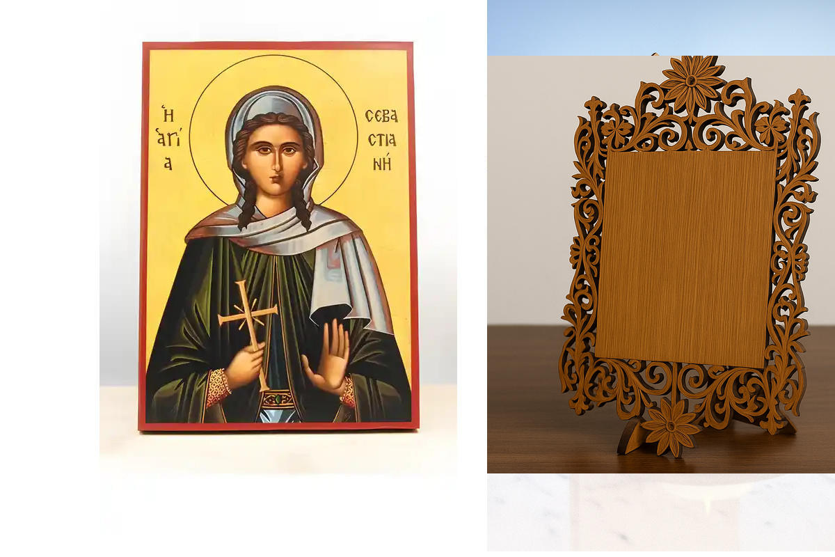 Εικόνα Ορθοδοξίας Δαντέλα μαζι με  Βάση σε  8 χρώματα με περίγραμμα χρυσό σε ξύλο Plywood (Πλακάζ)   με  βάση Άγιος Σεβαστιανός ο Μάρτυρας, Ξύλινη Χειροποίητη Εικόνα Ελληνικού Βυζαντινού Στυλ Κρεμασμένη σε ξύλινη πλάκα Χειροποίητη Ελληνορθόδοξη εικόνα του