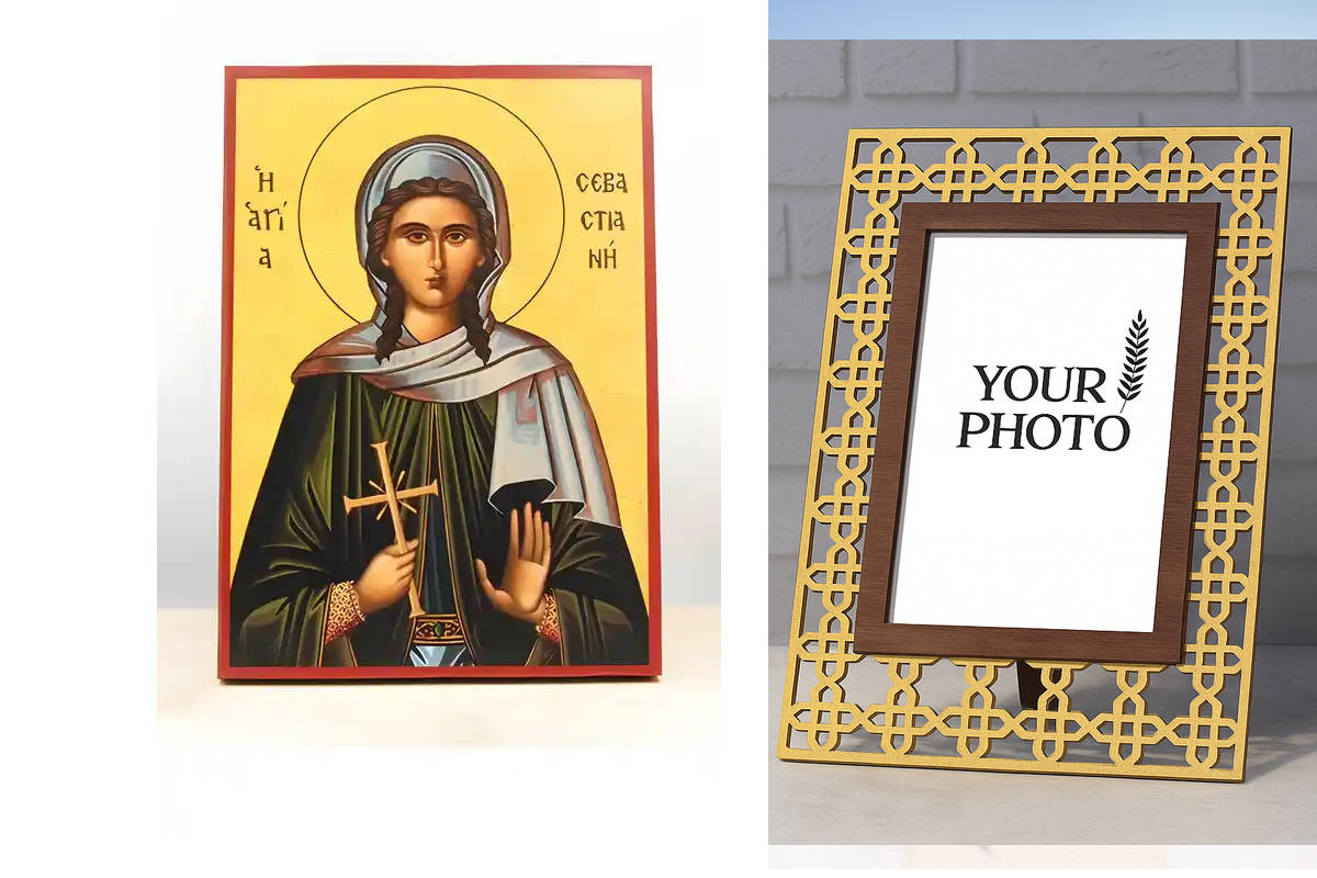 Εικόνα Ορθοδοξίας Πολυτελείας  με  σχεδιο Σταυρούς μαζι με  Βάση σε  8 χρώματα με περίγραμμα χρυσό σε ξύλο Plywood (Πλακάζ)   με  βάση Άγιος Σεβαστιανός ο Μάρτυρας, Ξύλινη Χειροποίητη Εικόνα Ελληνικού Βυζαντινού Στυλ Κρεμασμένη σε ξύλινη πλάκα Χειροποίητη