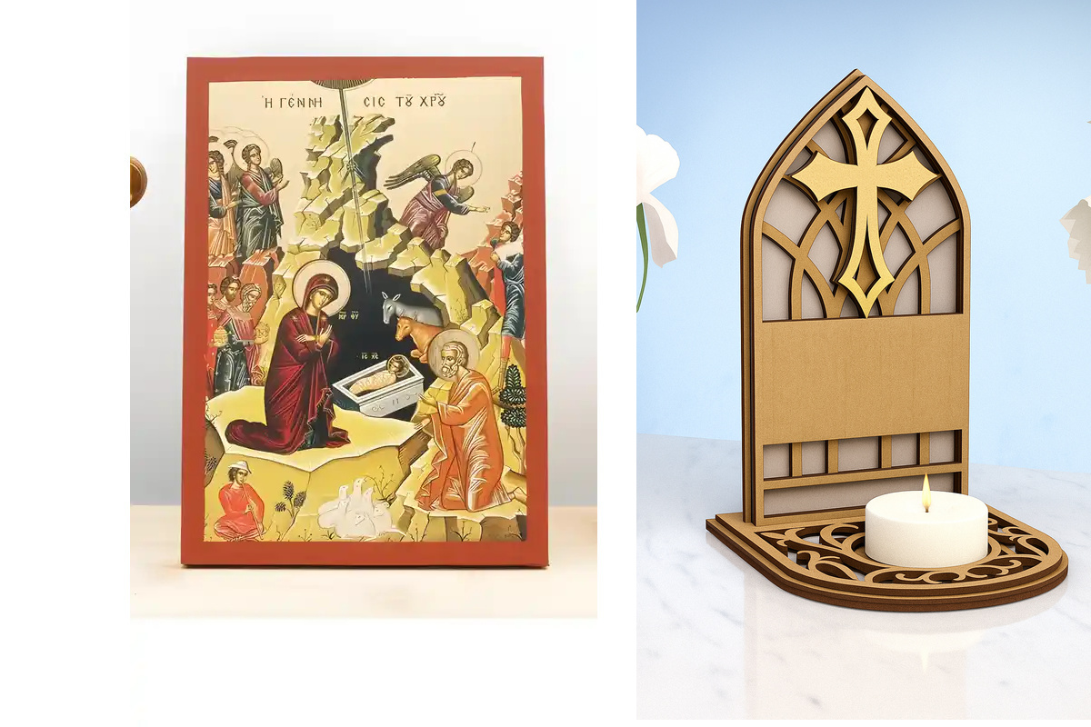Σετ 2 τεμαχίων – Εικόνα Ορθοδοξίας Καντηλάκι σε  8 χρώματα με περίγραμμα χρυσό σε ξύλο Plywood (Πλακάζ)   με  βάση Γένεση του Ιησού Χριστού, Ξύλινη Χειροποίητη Εικόνα με χρυσό φύλλο Ελληνικού Premium Βυζαντινού Στυλ Κρεμασμένο σε ξύλινη πλάκα Θρησκευτικό
