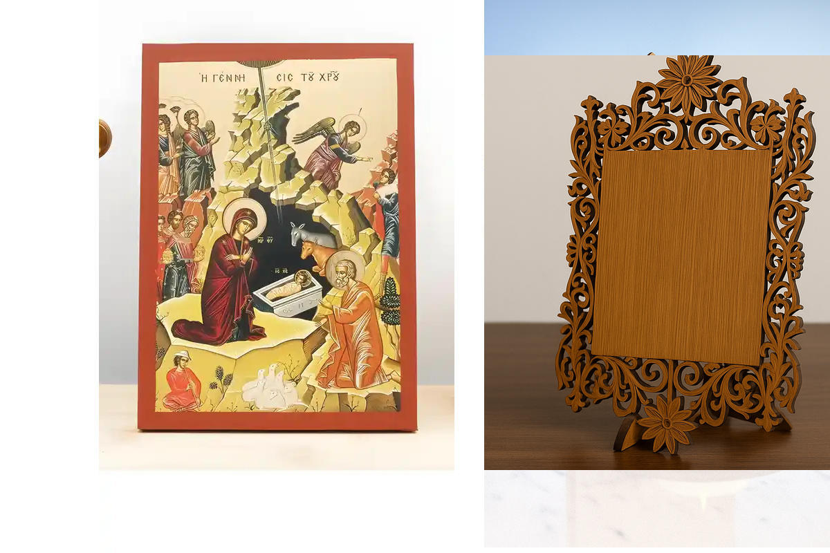 Σετ 2 τεμαχίων – Εικόνα Ορθοδοξίας Δαντέλα μαζι με  Βάση σε  8 χρώματα με περίγραμμα χρυσό σε ξύλο Plywood (Πλακάζ)   με  βάση Γένεση του Ιησού Χριστού, Ξύλινη Χειροποίητη Εικόνα με χρυσό φύλλο Ελληνικού Premium Βυζαντινού Στυλ Κρεμασμένο σε ξύλινη πλάκα