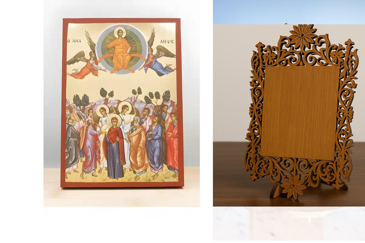 Σετ 2 τεμαχίων – Εικόνα Ορθοδοξίας Δαντέλα μαζι με  Βάση σε  8 χρώματα με περίγραμμα χρυσό σε ξύλο Plywood (Πλακάζ)   με  βάση Ανάληψη του Ιησού Χριστού στους Ουρανούς, Ξύλινη Χειροποίητη Εικόνα με χρυσό φύλλο Ελληνικού Premium Βυζαντινού Στυλ Κρεμασμένο