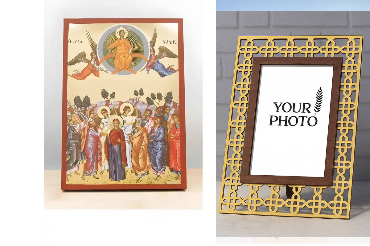 Εικόνα Ορθοδοξίας Πολυτελείας  με  σχεδιο Σταυρούς μαζι με  Βάση σε  8 χρώματα με περίγραμμα χρυσό σε ξύλο Plywood (Πλακάζ)   με  βάση Ανάληψη του Ιησού Χριστού στους Ουρανούς, Ξύλινη Χειροποίητη Εικόνα με χρυσό φύλλο Ελληνικού Premium Βυζαντινού Στυλ Κρε