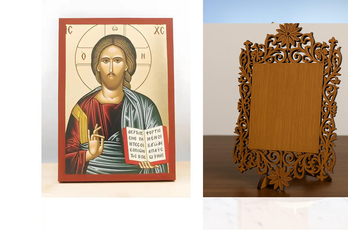 Σετ 2 τεμαχίων – Εικόνα Ορθοδοξίας Δαντέλα μαζι με  Βάση σε  8 χρώματα με περίγραμμα χρυσό σε ξύλο Plywood (Πλακάζ)   με  βάση Ευλογία Ιησού Χριστού, Ξύλινη Χειροποίητη Εικόνα με Φύλλο Χρυσού Ελληνικού Premium Βυζαντινού Στυλ τοίχου Κρεμασμένο σε ξύλινη π