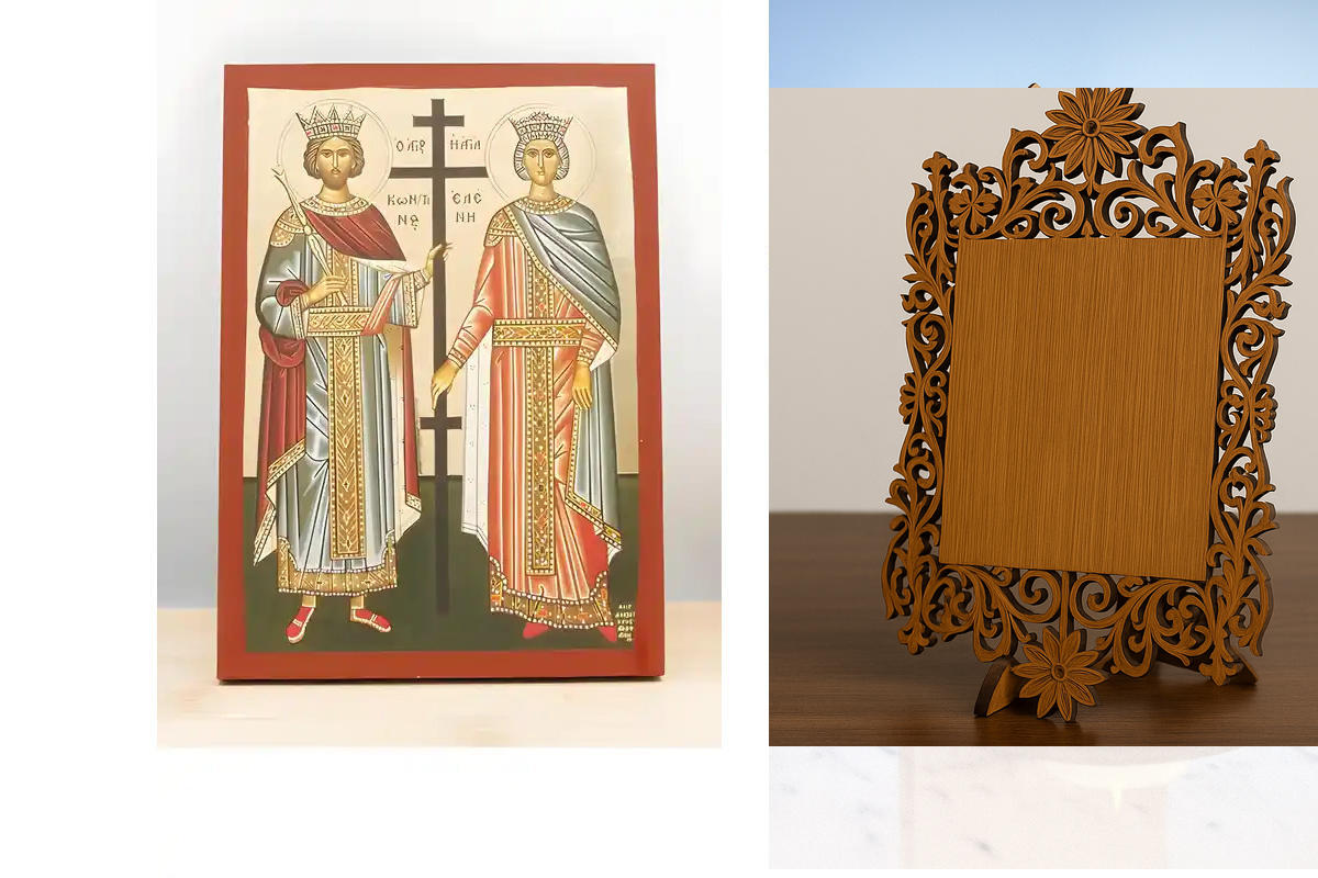 Σετ 2 τεμαχίων – Εικόνα Ορθοδοξίας Δαντέλα μαζι με  Βάση σε  8 χρώματα με περίγραμμα χρυσό σε ξύλο Plywood (Πλακάζ)   με  βάση Άγιος Κωνσταντίνος και Αγία Ελένη, Ξύλινη Χειροποίητη Εικόνα με Ψηφιακή Εκτύπωση Ελληνικό Premium Βυζαντινού Στυλ Κρεμαστό τοίχο
