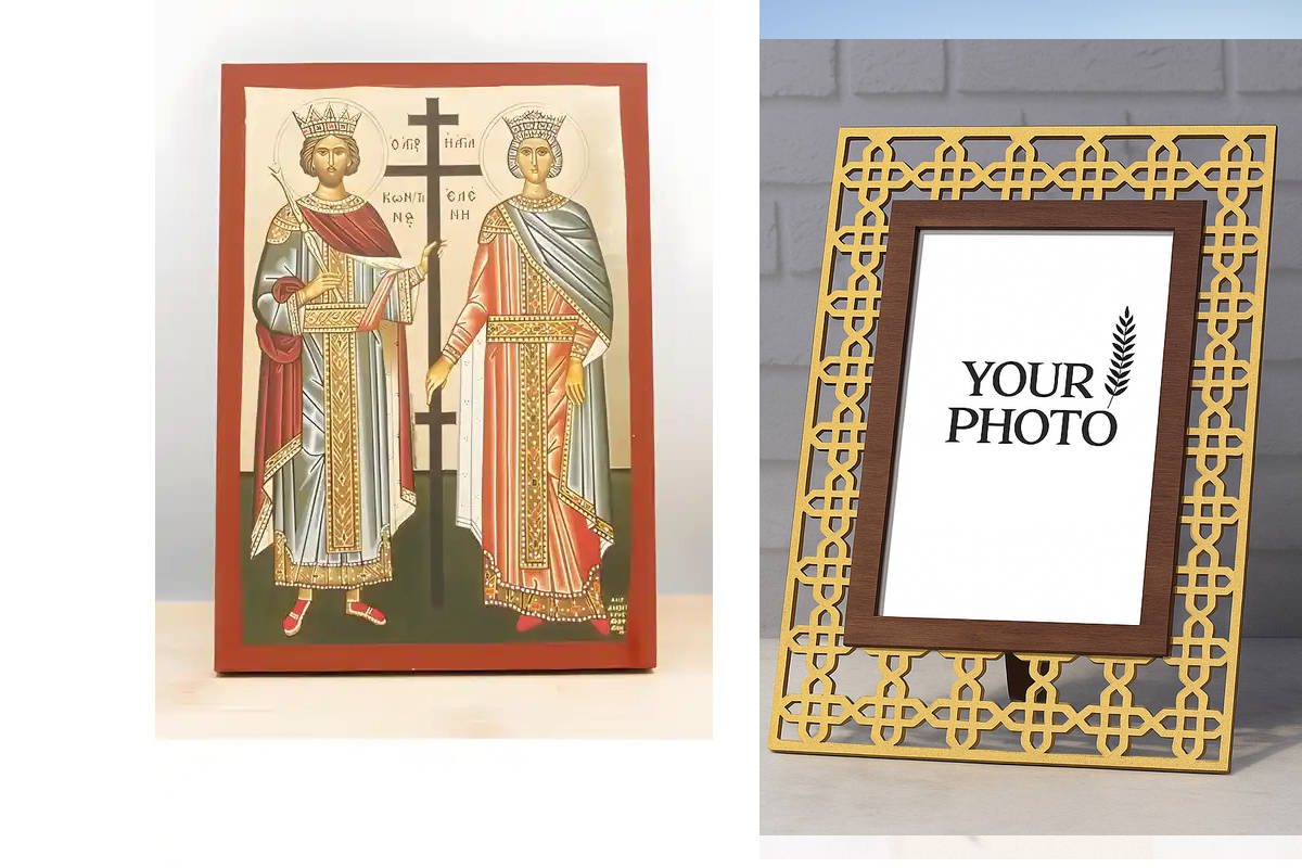 Εικόνα Ορθοδοξίας Πολυτελείας  με  σχεδιο Σταυρούς μαζι με  Βάση σε  8 χρώματα με περίγραμμα χρυσό σε ξύλο Plywood (Πλακάζ)   με  βάση Άγιος Κωνσταντίνος και Αγία Ελένη, Ξύλινη Χειροποίητη Εικόνα με Ψηφιακή Εκτύπωση Ελληνικό Premium Βυζαντινού Στυλ Κρεμασ