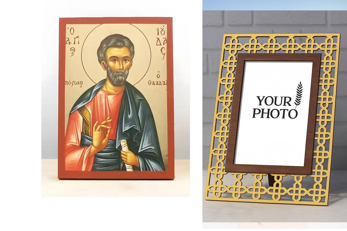 Εικόνα Ορθοδοξίας Πολυτελείας  με  σχεδιο Σταυρούς μαζι με  Βάση σε  8 χρώματα με περίγραμμα χρυσό σε ξύλο Plywood (Πλακάζ)   με  βάση Άγιος Απόστολος Ιούδας Θαδδαίος, Ξύλινη Χειροποίητη Εικόνα με Ψηφιακή Εκτύπωση Ελληνικό Premium Βυζαντινού Στυλ Κρεμαστό