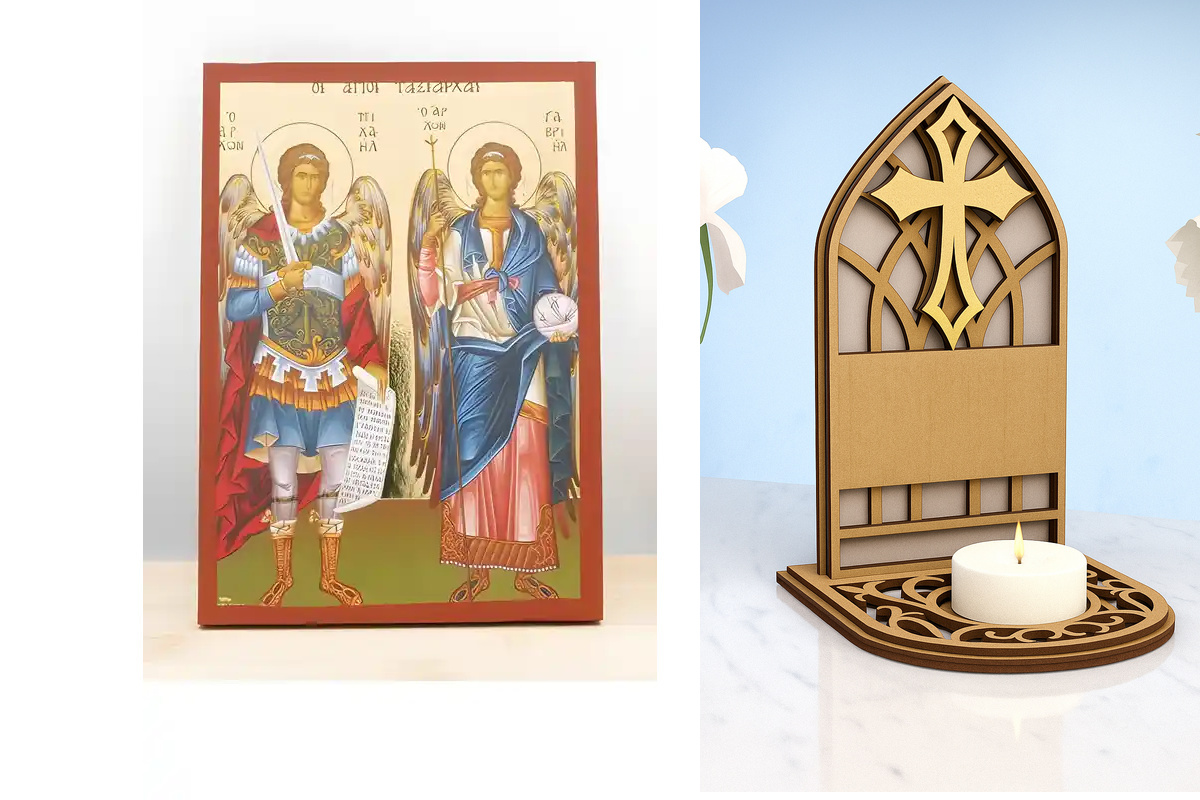 Εικόνα Ορθοδοξίας Καντηλάκι σε  8 χρώματα με περίγραμμα χρυσό σε ξύλο Plywood (Πλακάζ)   με  βάση Αρχάγγελοι Μιχαήλ και Γαβριήλ «Ταξιάρχες», Ξύλινη Χειροποίητη Εικόνα με χρυσό φύλλο Ελληνικής Βυζαντινής τεχνοτροπίας Κρεμασμένη σε ξύλινη πλάκα Χειροποίητη