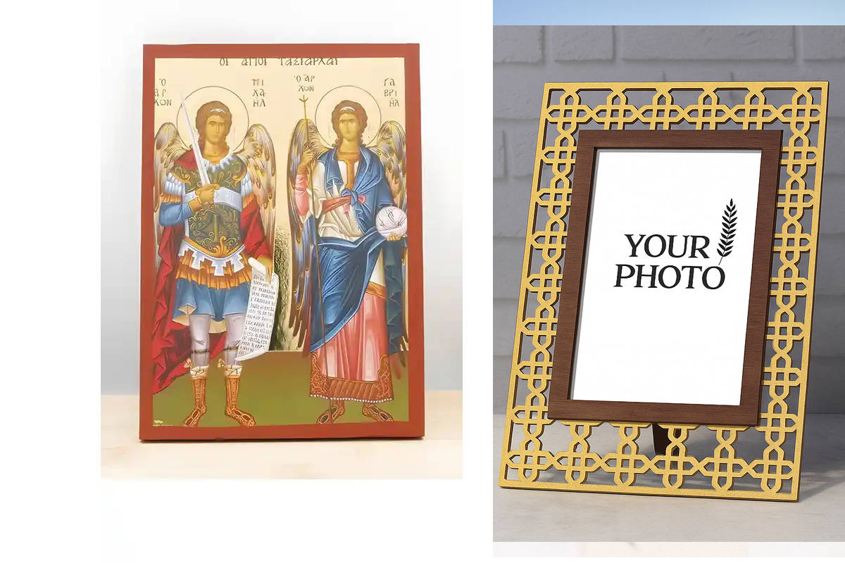 Εικόνα Ορθοδοξίας Πολυτελείας  με  σχεδιο Σταυρούς μαζι με  Βάση σε  8 χρώματα με περίγραμμα χρυσό σε ξύλο Plywood (Πλακάζ)   με  βάση Αρχάγγελοι Μιχαήλ και Γαβριήλ «Ταξιάρχες», Ξύλινη Χειροποίητη Εικόνα με χρυσό φύλλο Ελληνικής Βυζαντινής τεχνοτροπίας Κρ