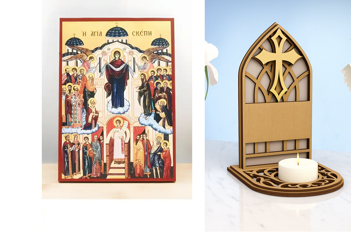 Εικόνα Ορθοδοξίας Καντηλάκι σε  8 χρώματα με περίγραμμα χρυσό σε ξύλο Plywood (Πλακάζ)   με  βάση Παναγία Αναπαράσταση Ιεράς Σκήπης, Ξύλινη Χειροποίητη Εικόνα Ελληνικού Premium Βυζαντινού Στυλ Κρεμαστή σε ξύλινη πλάκα Θρησκευτικό Θέμα Χειροποίητη Ελληνορθ