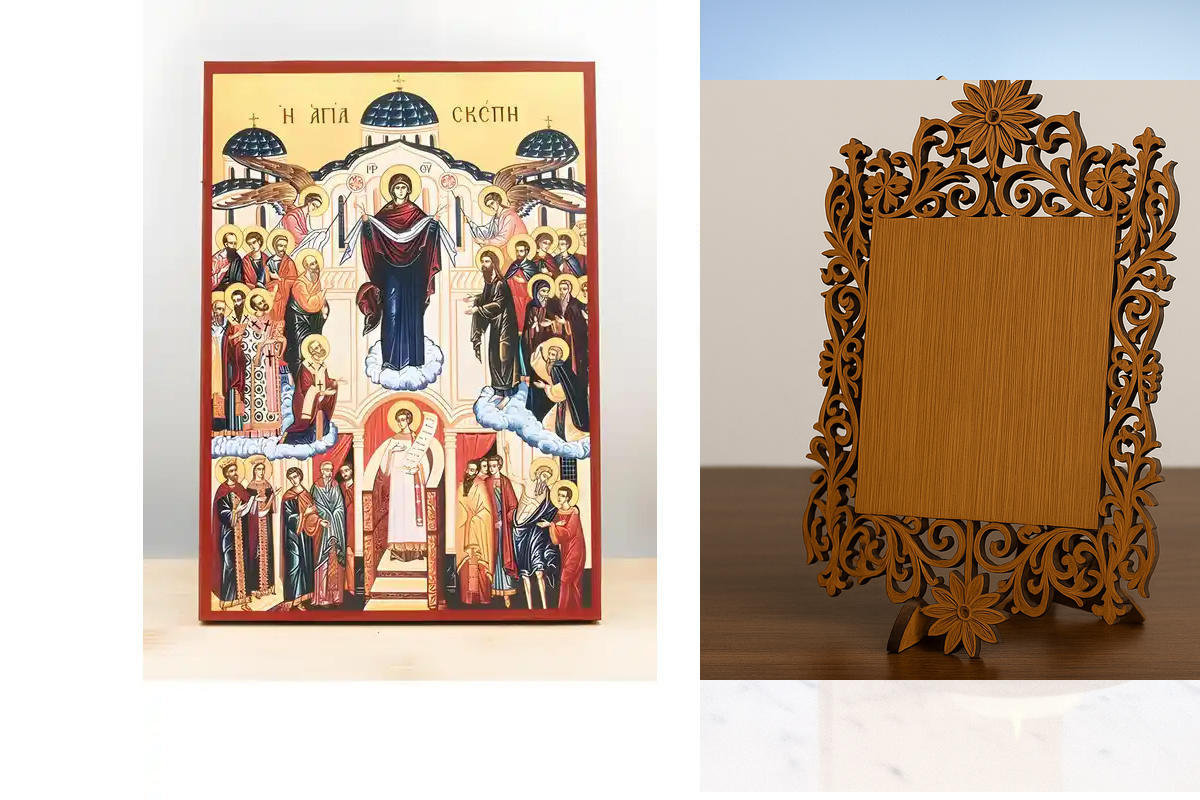 Σετ 2 τεμαχίων – Εικόνα Ορθοδοξίας Δαντέλα μαζι με  Βάση σε  8 χρώματα με περίγραμμα χρυσό σε ξύλο Plywood (Πλακάζ)   με  βάση Παναγία Αναπαράσταση Ιεράς Σκήπης, Ξύλινη Χειροποίητη Εικόνα Ελληνικού Premium Βυζαντινού Στυλ Κρεμαστή σε ξύλινη πλάκα Θρησκευτ