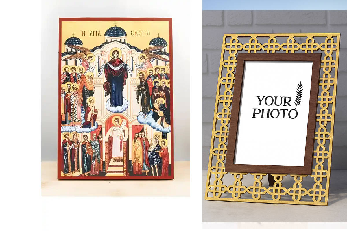 Εικόνα Ορθοδοξίας Πολυτελείας  με  σχεδιο Σταυρούς μαζι με  Βάση σε  8 χρώματα με περίγραμμα χρυσό σε ξύλο Plywood (Πλακάζ)   με  βάση Παναγία Αναπαράσταση Ιεράς Σκήπης, Ξύλινη Χειροποίητη Εικόνα Ελληνικού Premium Βυζαντινού Στυλ Κρεμαστή σε ξύλινη πλάκα