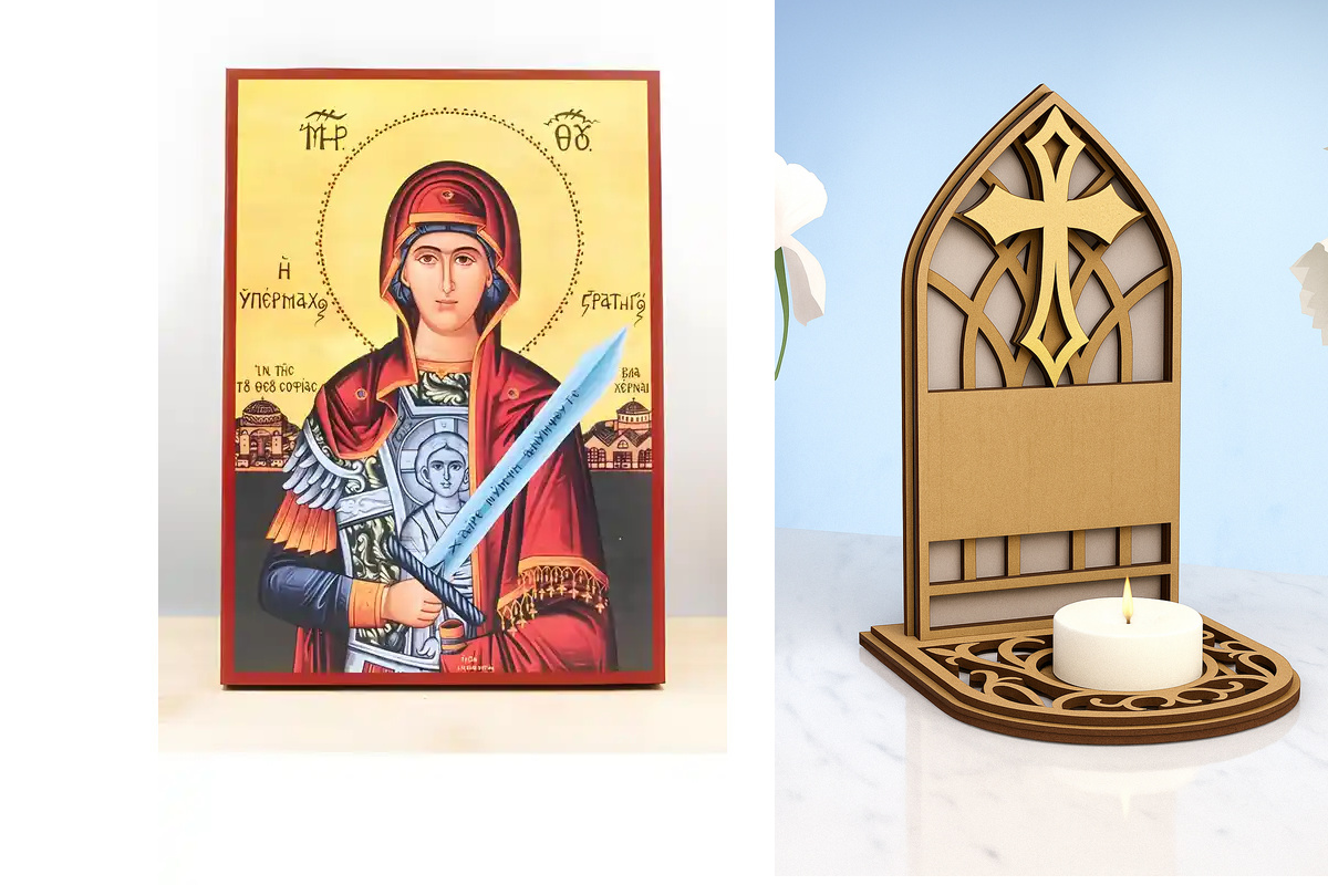 Εικόνα Ορθοδοξίας Καντηλάκι σε  8 χρώματα με περίγραμμα χρυσό σε ξύλο Plywood (Πλακάζ)   με  βάση Παναγία Στρατηγός Υπερασπιστής, Ξύλινη Χειροποίητη Εικόνα Ελληνικού Premium Βυζαντινού Στυλ Κρεμαστή σε ξύλινη πλάκα Θρησκευτικό θέμα Χειροποίητη Ελληνορθόδο