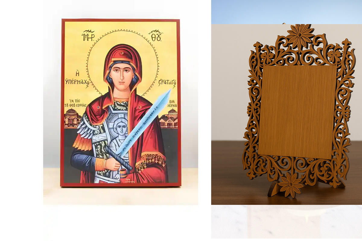Σετ 2 τεμαχίων – Εικόνα Ορθοδοξίας Δαντέλα μαζι με  Βάση σε  8 χρώματα με περίγραμμα χρυσό σε ξύλο Plywood (Πλακάζ)   με  βάση Παναγία Στρατηγός Υπερασπιστής, Ξύλινη Χειροποίητη Εικόνα Ελληνικού Premium Βυζαντινού Στυλ Κρεμαστή σε ξύλινη πλάκα Θρησκευτικό