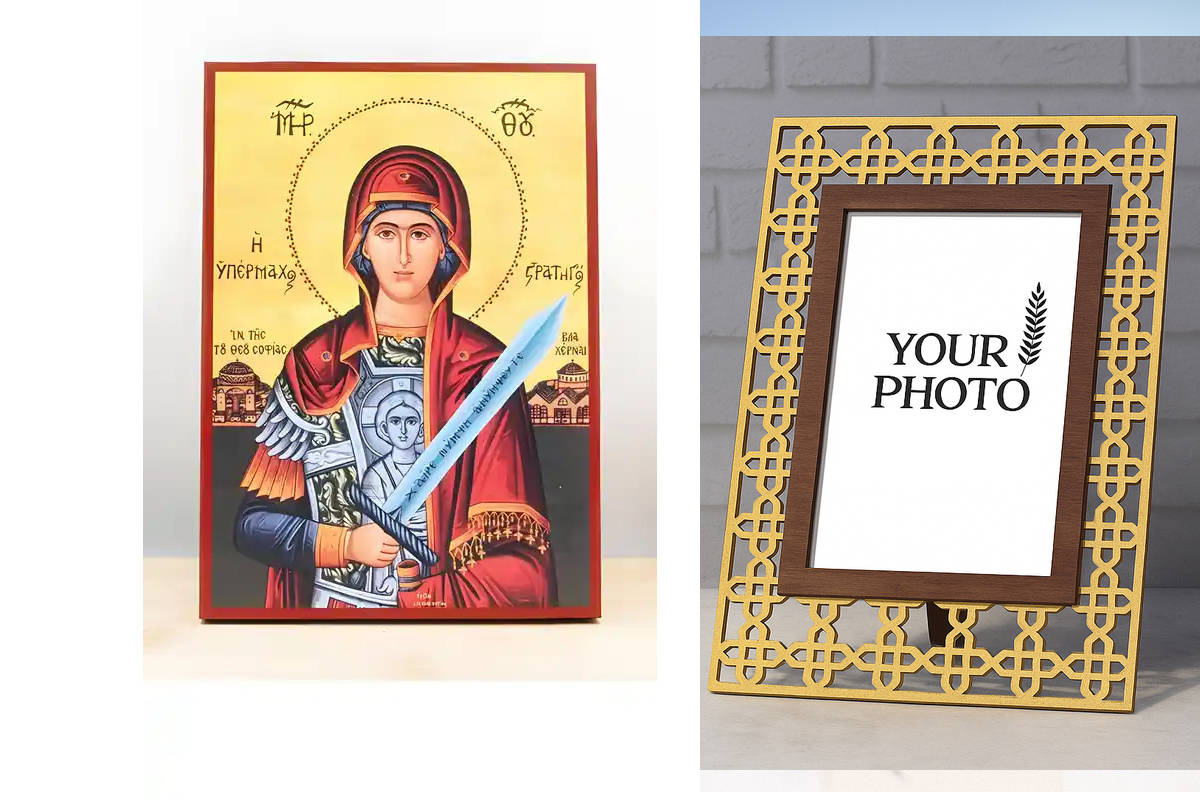 Εικόνα Ορθοδοξίας Πολυτελείας  με  σχεδιο Σταυρούς μαζι με  Βάση σε  8 χρώματα με περίγραμμα χρυσό σε ξύλο Plywood (Πλακάζ)   με  βάση Παναγία Στρατηγός Υπερασπιστής, Ξύλινη Χειροποίητη Εικόνα Ελληνικού Premium Βυζαντινού Στυλ Κρεμαστή σε ξύλινη πλάκα Θρη