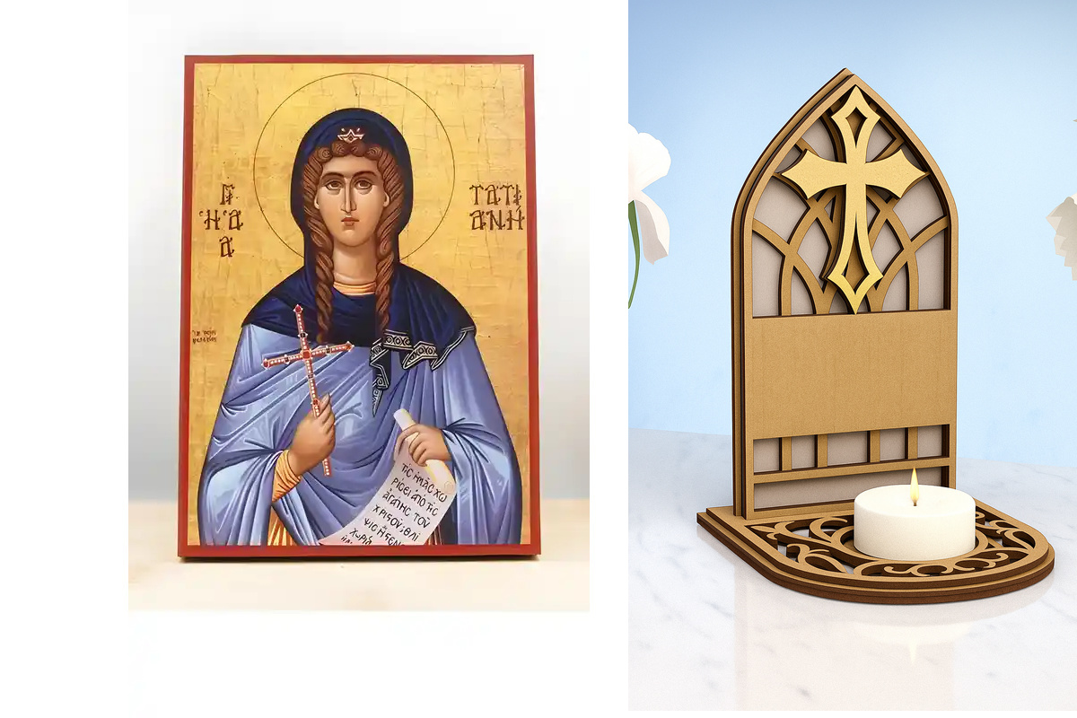 Εικόνα Ορθοδοξίας Καντηλάκι σε  8 χρώματα με περίγραμμα χρυσό σε ξύλο Plywood (Πλακάζ)   με  βάση Αγία Τατιάνα της Ρώμης, Ξύλινη Χειροποίητη Εικόνα Ελληνικού Premium Βυζαντινού Στυλ Κρεμασμένη σε ξύλινη πλάκα Χειροποίητη Ελληνορθόδοξη εικόνα του Ιησού Χρι